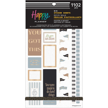 Happy Planner Haven & Heart Fitness Mini Sticker Book front cover showing 1,102 stickers and fitness designs