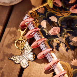 Happy Planner Butterfly Planner Charm clipped beside pink discs on a floral planner