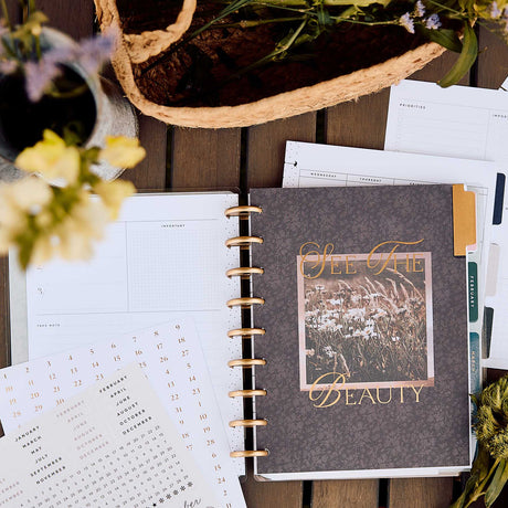 Happy Planner Shadow Fields floral divider with See the Beauty quote and calendar pages