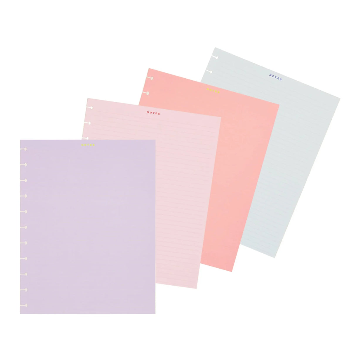 Four pastel-colored ring-bound notebooks fanned out on a white background, featuring lavender, light pink, coral pink, and pale blue sheets with gold and blue 'NOTES' text.