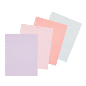 Four pastel-colored ring-bound notebooks fanned out on a white background, featuring lavender, light pink, coral pink, and pale blue sheets with gold and blue 'NOTES' text.