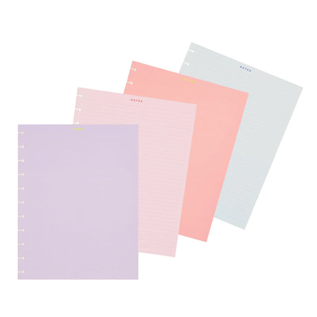 Four pastel-colored ring-bound notebooks fanned out on a white background, featuring lavender, light pink, coral pink, and pale blue sheets with gold and blue 'NOTES' text.