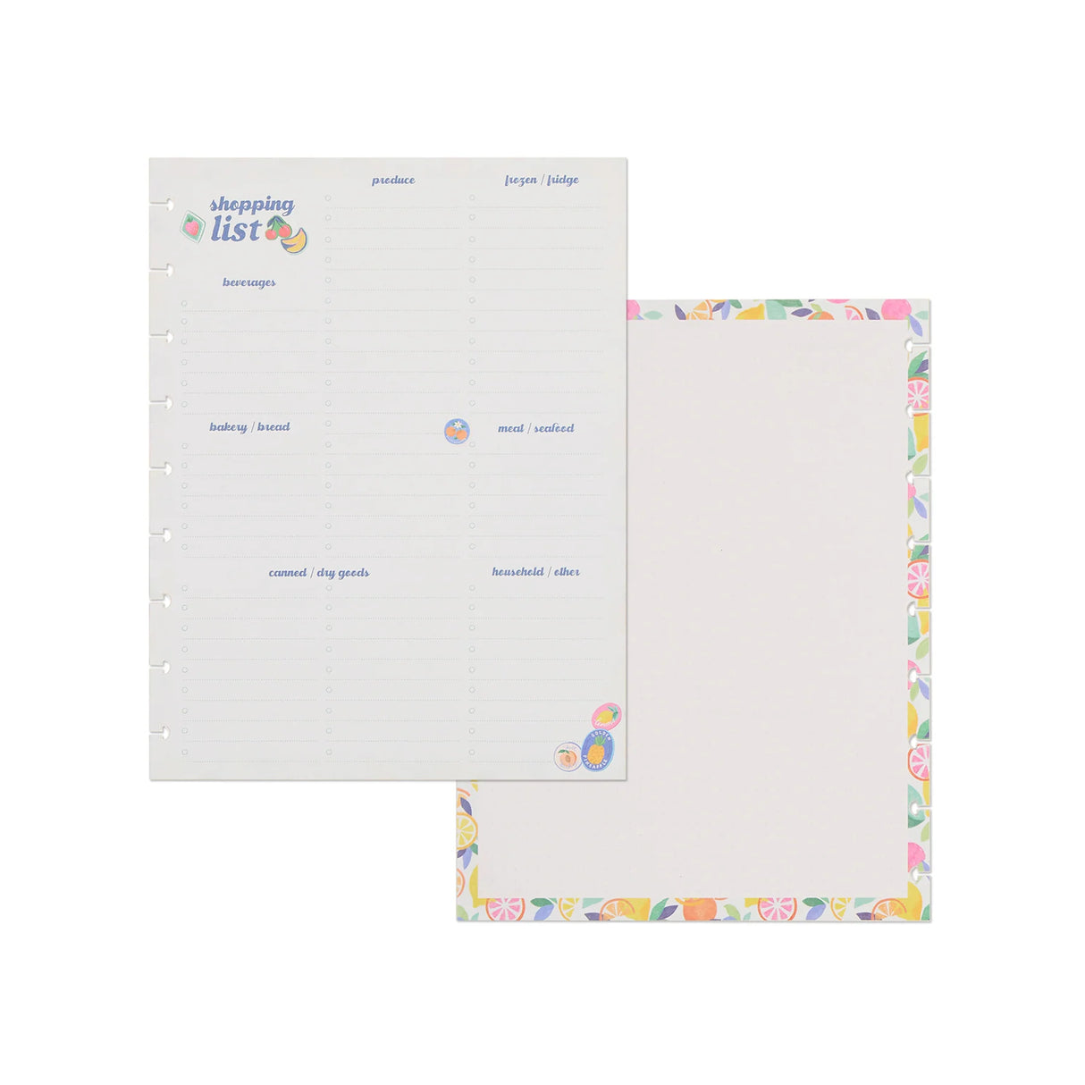 A two-sided notepad set shown on a plain white background. The front pad features a lined 'shopping list' format with columns for products, groceries, household items, and notes, decorated with a pastel floral border.