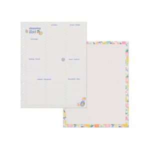 A two-sided notepad set shown on a plain white background. The front pad features a lined 'shopping list' format with columns for products, groceries, household items, and notes, decorated with a pastel floral border.