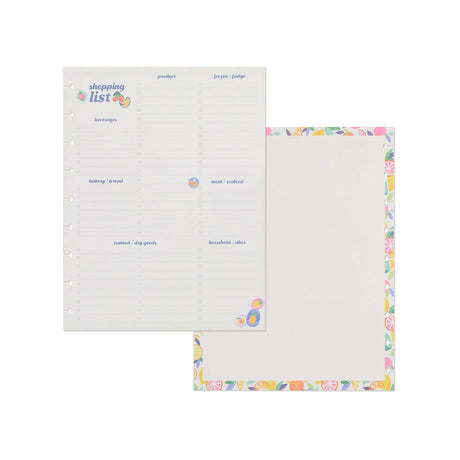 A two-sided notepad set shown on a plain white background. The front pad features a lined 'shopping list' format with columns for products, groceries, household items, and notes, decorated with a pastel floral border.