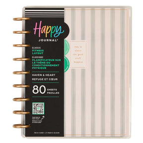 Haven & Heart Fitness journal with a striped cover and guided pages