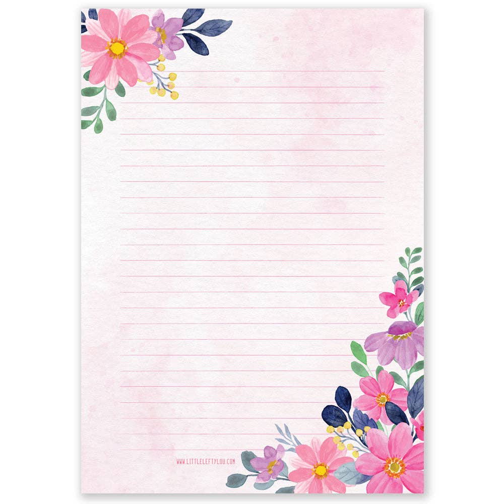 A5 Pink Watercolour Flowers Notepad - Double Sided Letter Paper