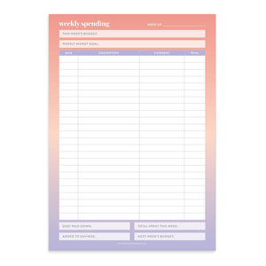 Erin Condren Budget Tracker Notepad - 50 sheets. Weekly spending budget sheet with a gradient design on a white background