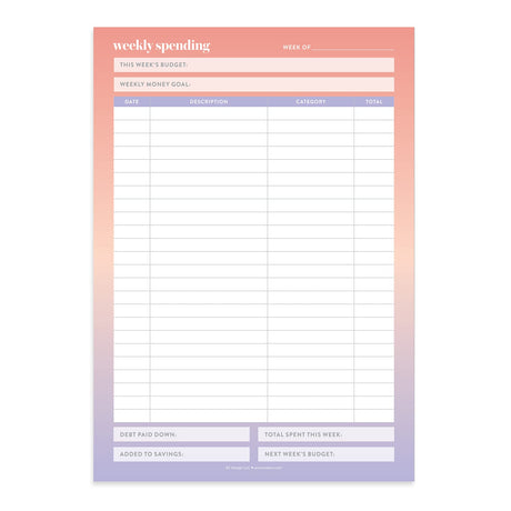 Erin Condren Budget Tracker Notepad - 50 sheets. Weekly spending budget sheet with a gradient design on a white background