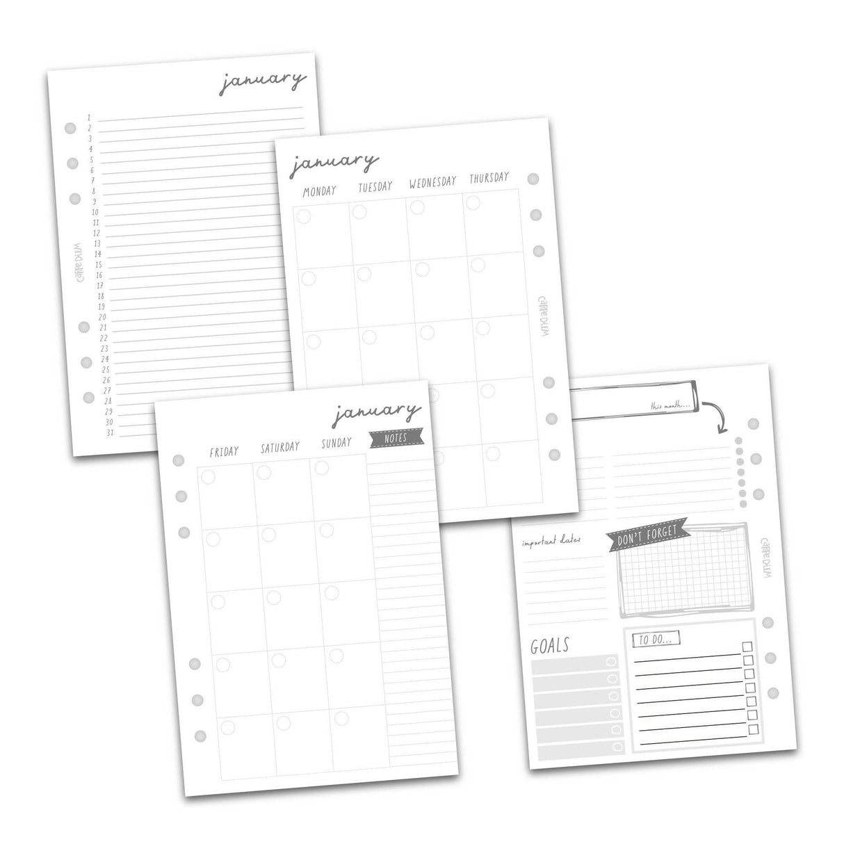 Carpe Diem Monthly Calendar A5 Planner Inserts