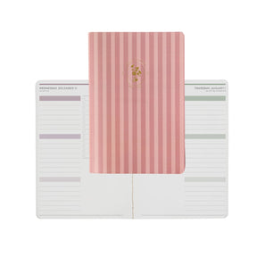 Erin Condren Q1 Daily Bouquet Petite Planner - Dated Jan 2026-Mar 2026 peach striped planner with a white open planner featuring calendar pages on a white background