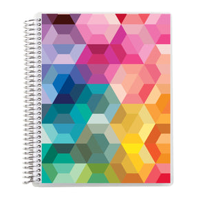 Erin Condren 7x9 Hexagon Coiled Notebook - Lined notebook. Spiral-bound notebook with a colourful geometric pattern on a white background