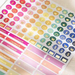 Erin Condren Petite Planner: Close-up of numbered dots, icons and labels on the sticker sheet