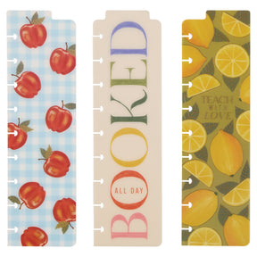 Happy Planner Fruit Stand Classic Bookmarks set - Three colourful bookmarks with fruit and text designs on a white background.
