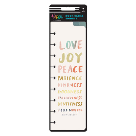 Packaging of 'Love Joy Peace' bookmarks with a white background