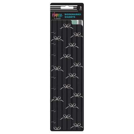 Happy Planner Modern Balance Classic Bookmarks three-pack in retail packaging, showing the black bow design