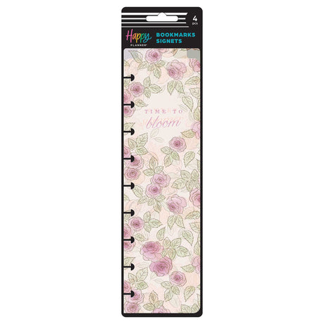 Happy Planner Seasonal Sidewalks four-pack bookmark packaging with pink floral Time to Bloom design