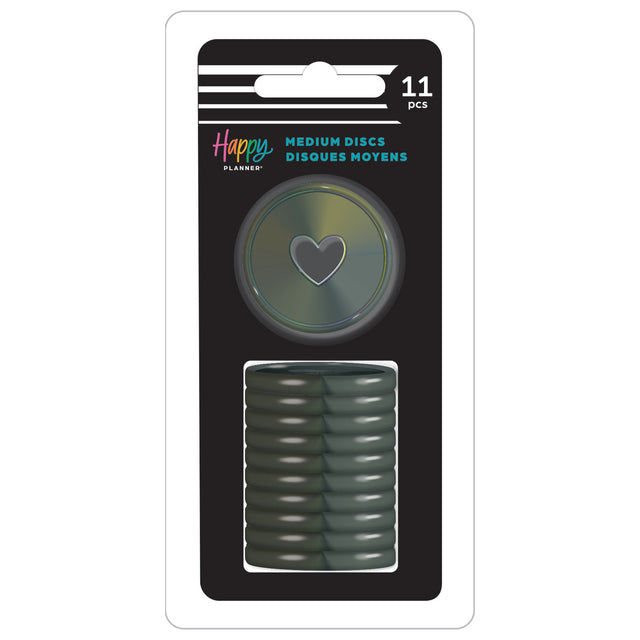 Happy Planner Iron Iridescence Medium Disc Set plastic with a heart design, featuring the brand 'Happy Planners'.