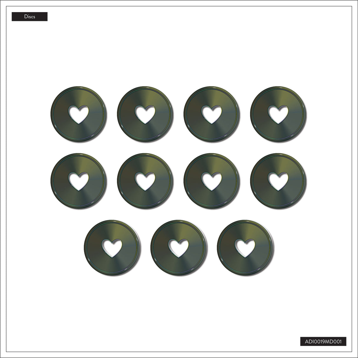 Twelve compact discs with heart cutouts arranged in a grid on a white background.