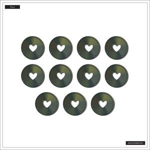 Twelve compact discs with heart cutouts arranged in a grid on a white background.