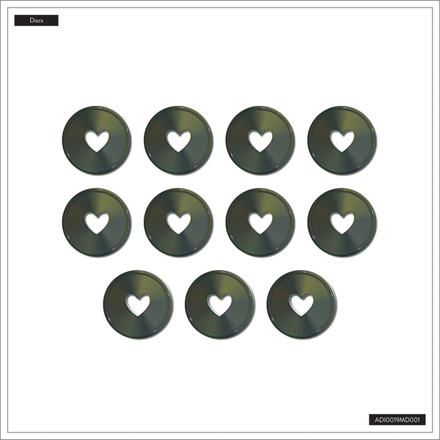 Twelve compact discs with heart cutouts arranged in a grid on a white background.