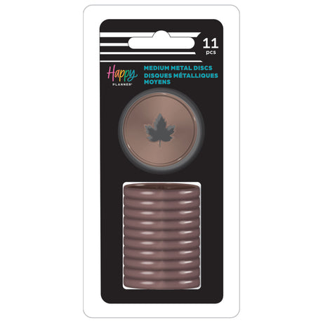 Happy Planner Brown Maple Leaf Metal Disc Set of medium metal discs with a leaf design, featuring the brand 'Happy Planner'.