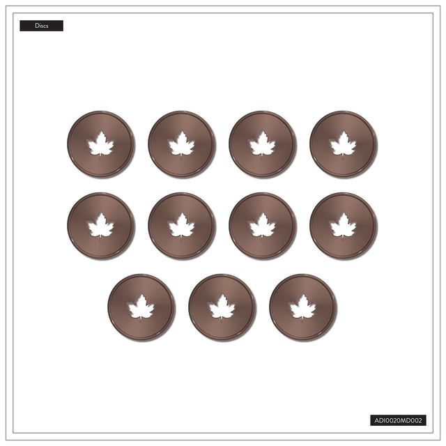 Set of 12 round coasters with leaf design on a white background