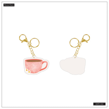 Front and back of the Coffee Planner Charm with pink floral cup design and gold-tone clasp