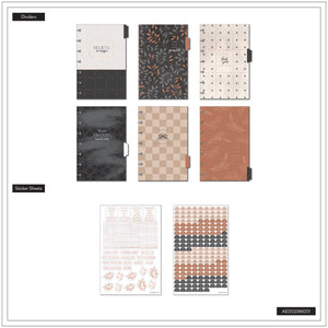 Collection of happy planner dashboard layout, divider tabs, and sticker sheets with various designs on a white background.