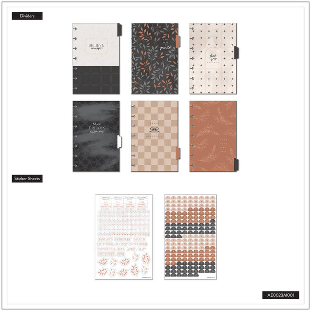 Collection of happy planner dashboard layout, divider tabs, and sticker sheets with various designs on a white background.