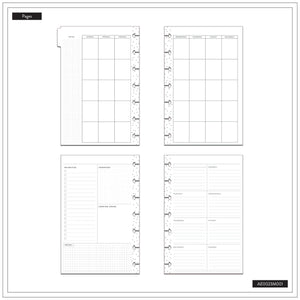 Set of four planner happy planner dashboard layout pages with grid and tabular layouts on a white background.