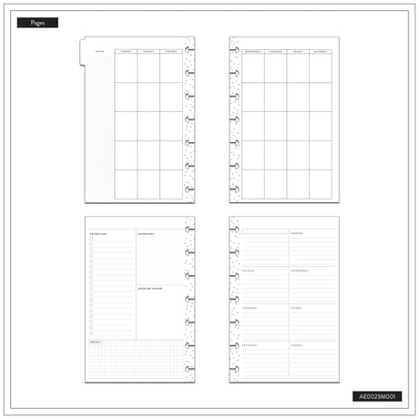 Set of four planner happy planner dashboard layout pages with grid and tabular layouts on a white background.