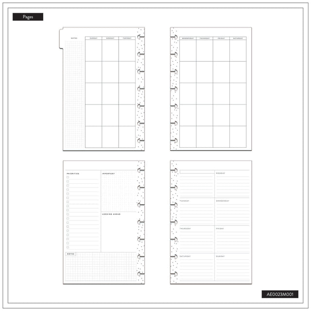 Set of four planner happy planner dashboard layout pages with grid and tabular layouts on a white background.