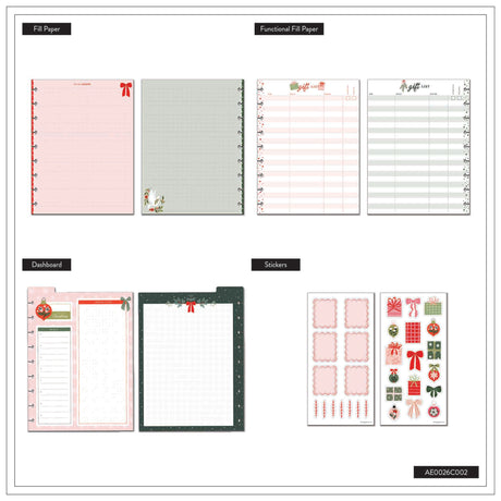 Collection of planner sheets and stickers with decorative elements on a white background