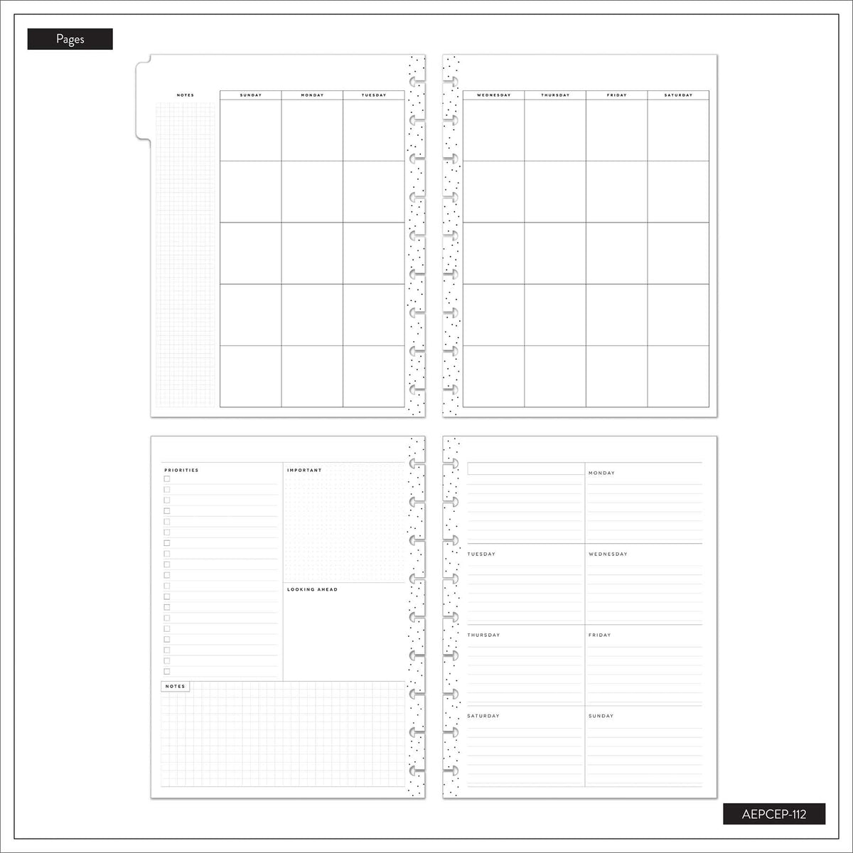 Shadow Fields Classic Dashboard monthly calendar and weekly planning pages