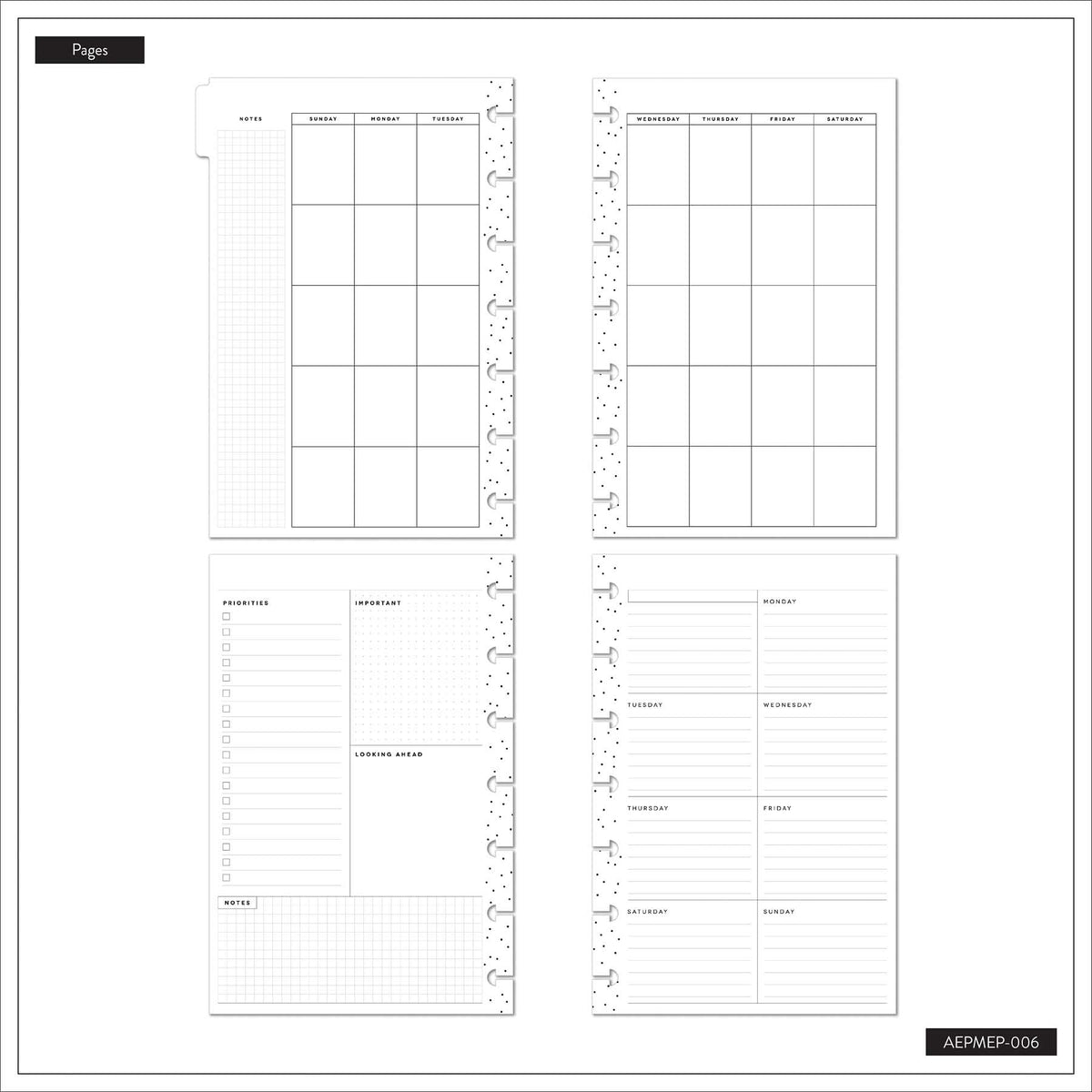 Petal Press Mini calendar, checklist, notes and grid planning pages