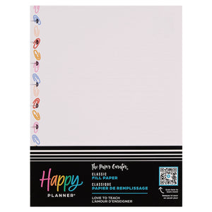 Happy Planner Love to Teach Classic Fill Paper with colourful clip designs on a white background