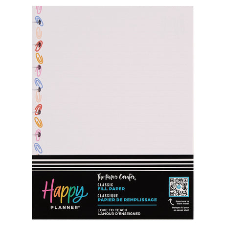 Happy Planner Love to Teach Classic Fill Paper with colourful clip designs on a white background