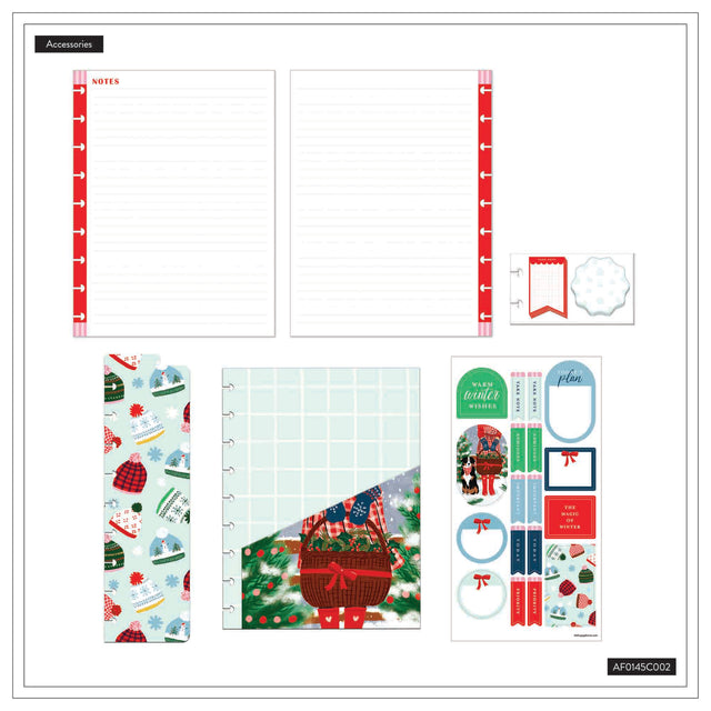 Collection of Christmas-themed stationery items including a planner cover, stickers, and a ruler on a white background.