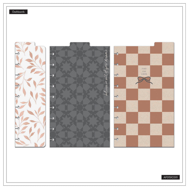 Four planner section dividers with different patterns on a white background