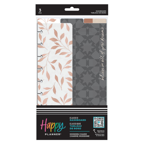 Happy Planner dashboard with floral and geometric designs in packaging