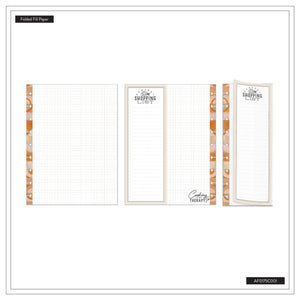 Set of three folded paper sheets with text and graphics on a white background