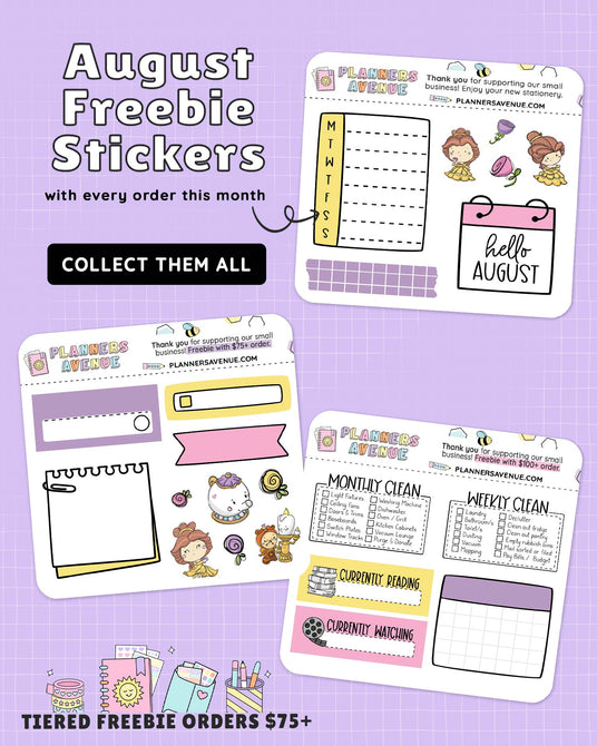 August Freebie planner stickers with every order at Planners Avenue, with planner-themed designs on a purple background