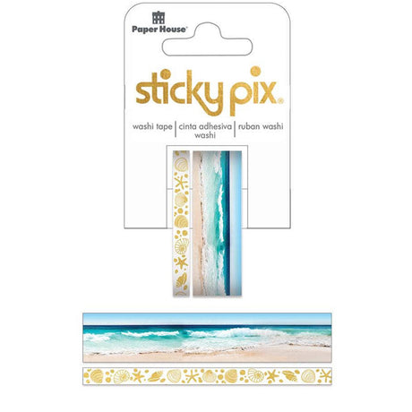 Beach Panorama Washi Tape with two rolls of washi tape, featuring beach and ocean designs with foil accents.