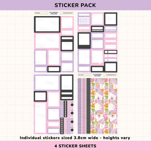 Sticker pack with various designs on a white background
