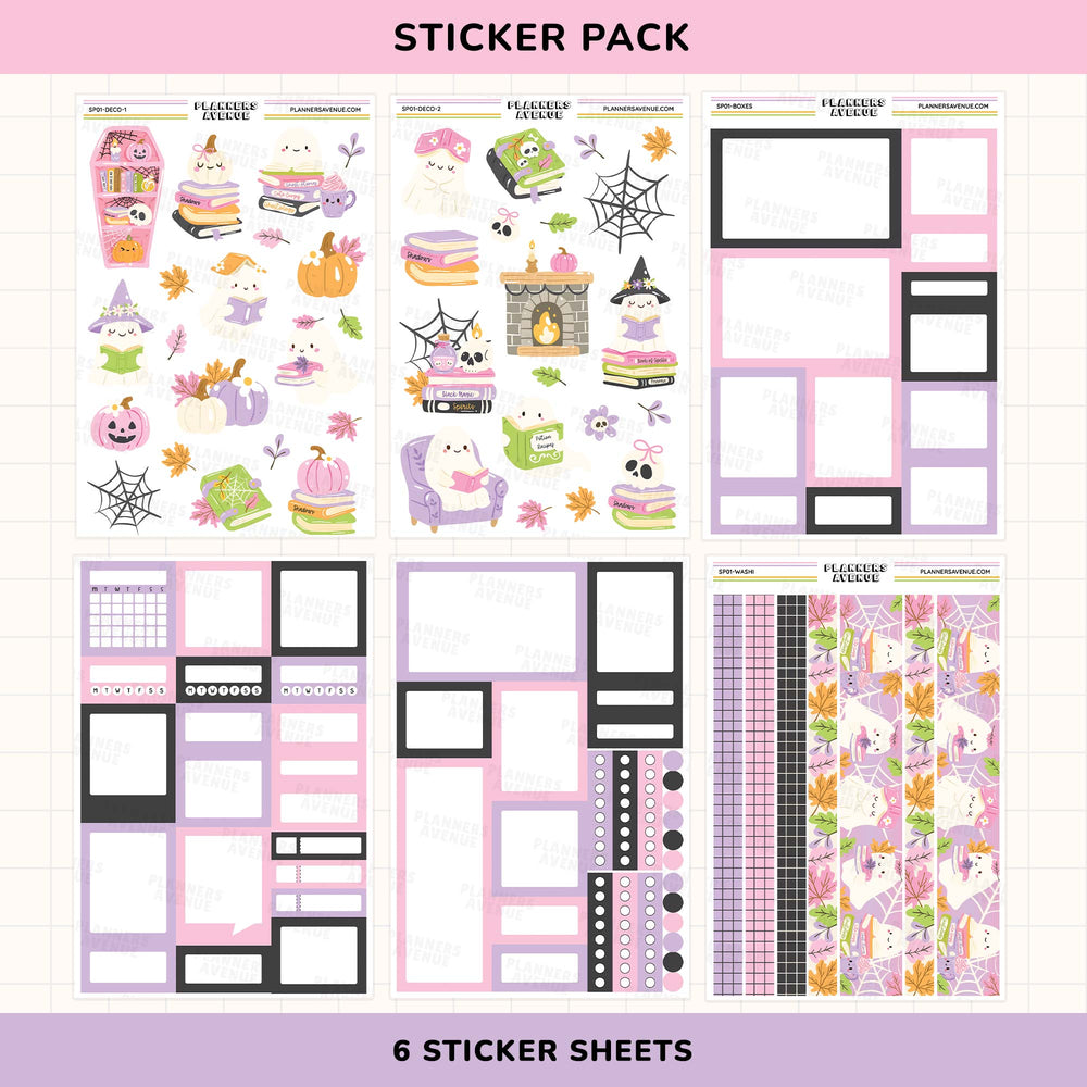Halloween-themed sticker pack with various designs on a pink and purple background