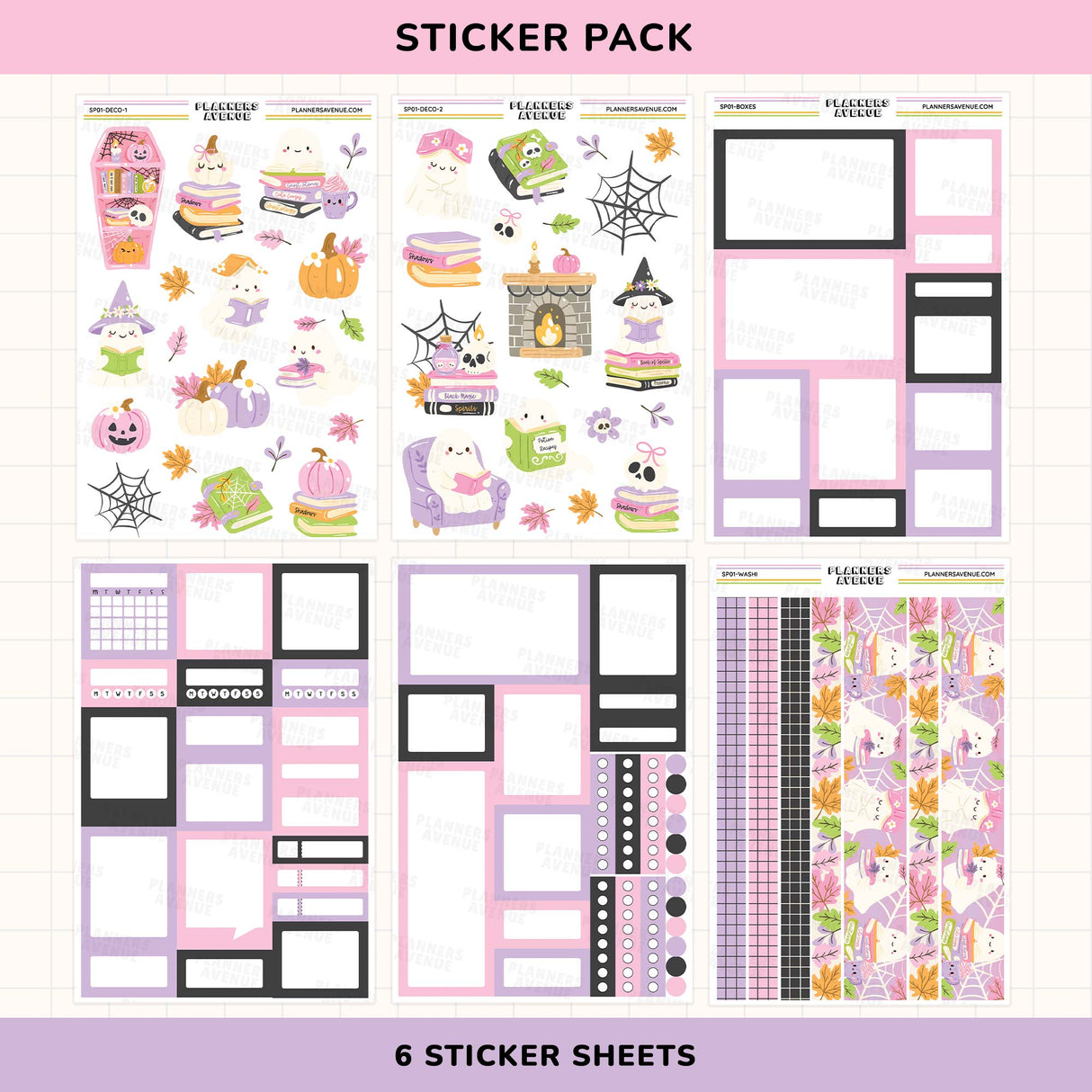 Halloween-themed sticker pack with various designs on a pink and purple background