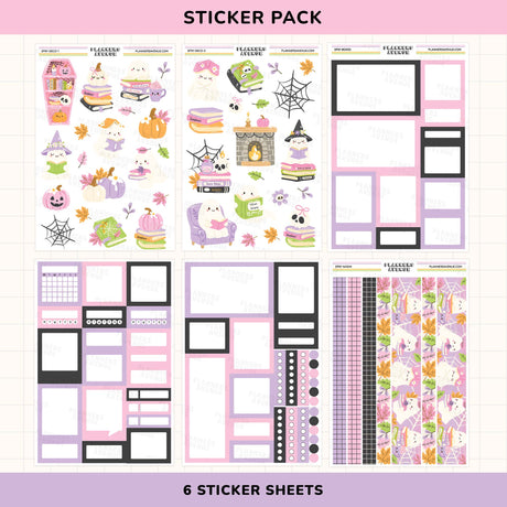 Halloween-themed sticker pack with various designs on a pink and purple background