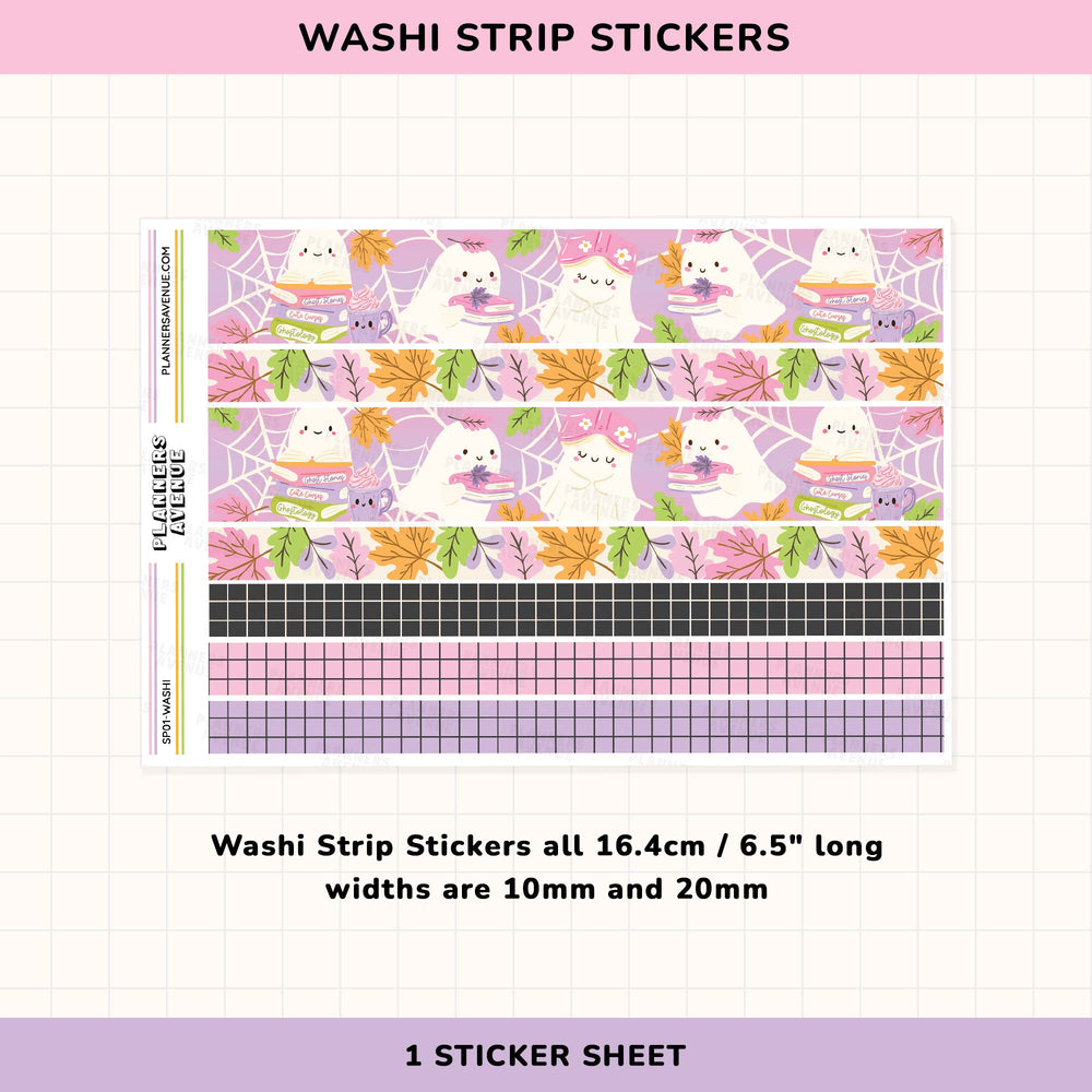 Washi strip stickers with cute ghosts and books design on a pink background