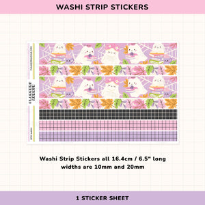 Washi strip stickers with cute ghosts and books design on a pink background